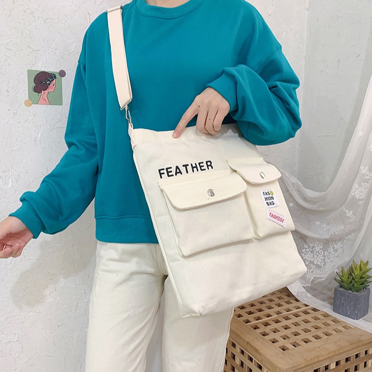 Túi Tote Đeo Chéo Unisex Nhiều Màu Phong Cách Ullzzang - Túi Vải Canvas Thời Trang Đeo Vai GN10