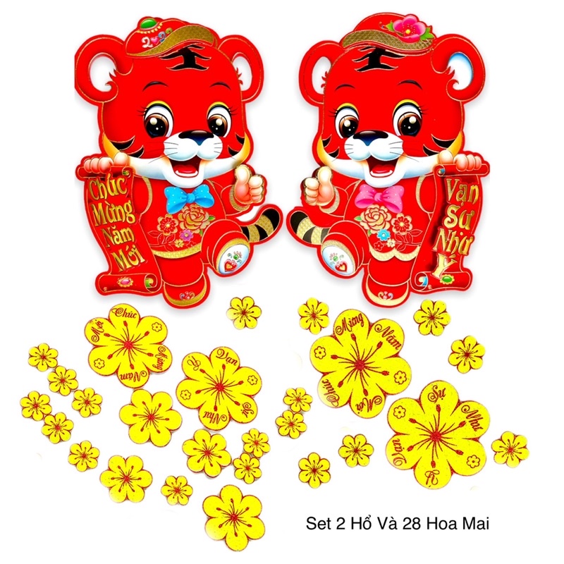 Set 28 Hoa Mai Và 2 Hổ Đỏ Nhũ Ánh Kim Trang Trí Tết