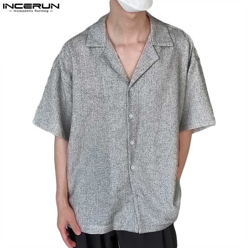 Áo sơ mi INCERUN tay ngắn màu trơn có nút cài thời trang cho nam