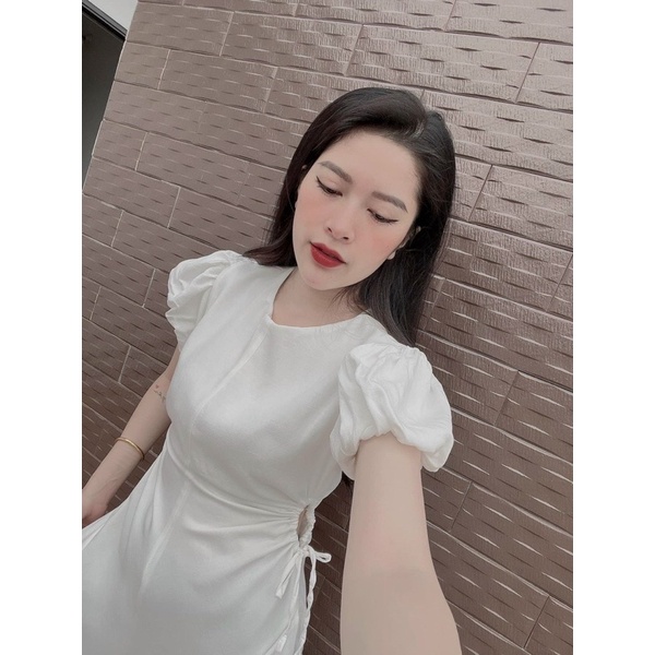 ĐẦM MIDI 4 MẢNH RÚT EO HÔNG CỔ TRÒN 3 MÀU