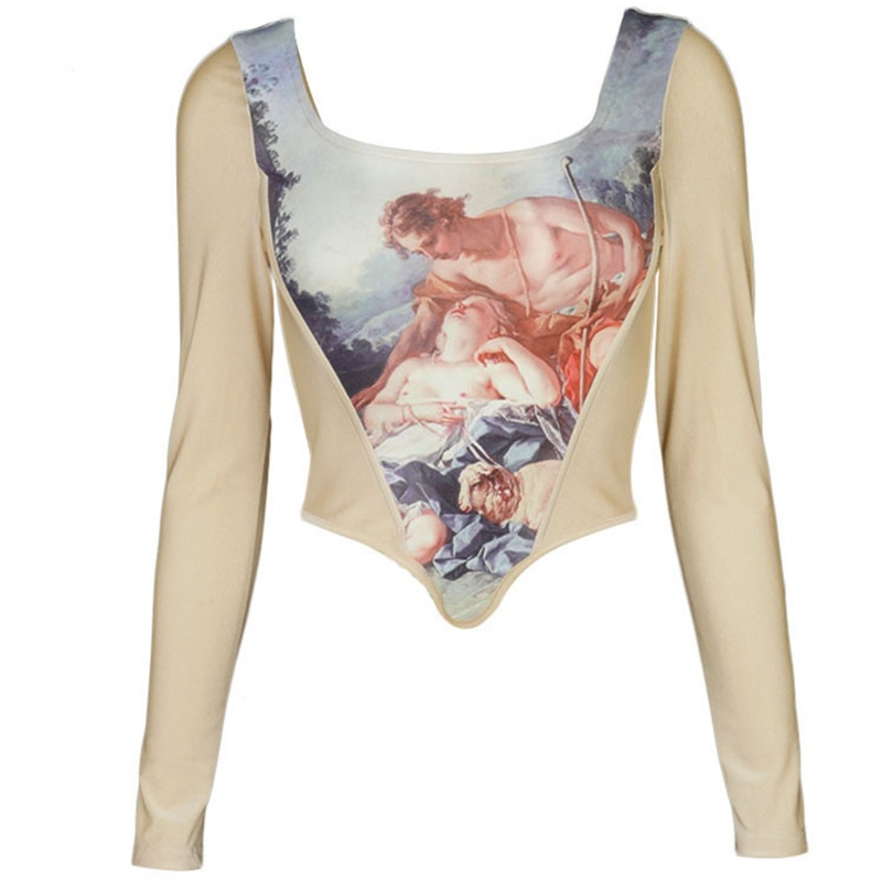 Áo Croptop Không Tay / Dài Tay Cổ Vuông In Họa Tiết Thiên Thần Xinh Xắn Dành Cho Nữ