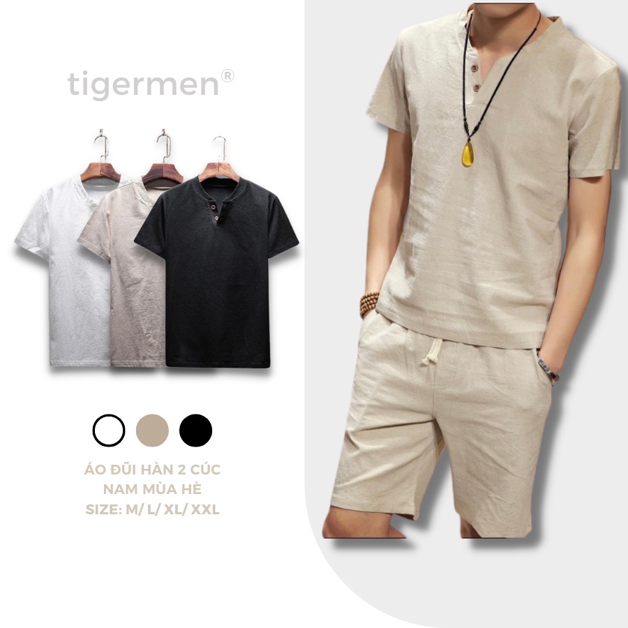 Áo Đũi Mùa Hè Tigermne Cộc Tay Nam Cổ V 2 Nút Cài Giản Dị