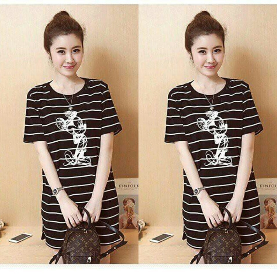 ĐẦM SUÔNG SỌC THUN MICKEY TRẮNG ĐEN có size lớn - HÀNG NHẬP KHẨU