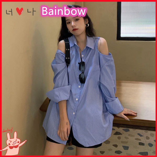 Áo sơ mi khoét vai 3 mai - Áo sơ mi dài tay kẻ sọc xanh đen trắng phong cách Ulzzang form thụng YLY C417