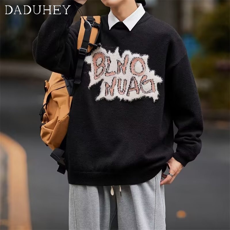 DaDuHey Men's Vintage Retro Alphabet Printed Long-Sleeved Top Hong Kong Style Fashion Brand Loose Oversize Sweater