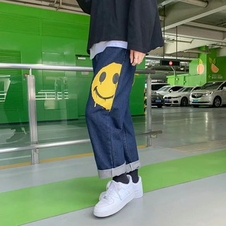 Quần Jean Ống Rộng In Hình Mặt Cười Dễ Thương Phong Cách Hàn Quốc Cho Nam