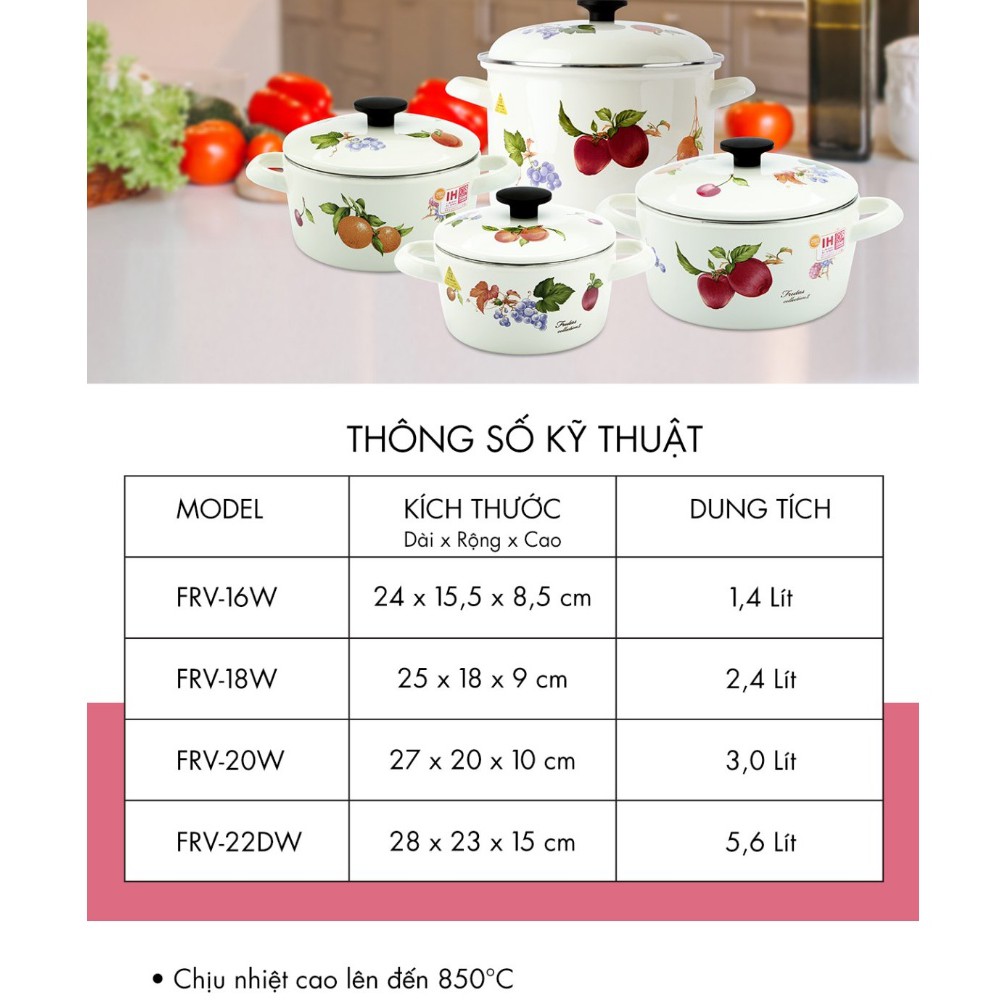 Bộ 2 nồi tráng men FUJIHORO (16cm, 20cm) Hoa văn trái cây FRV-2 sử dụng bếp từ