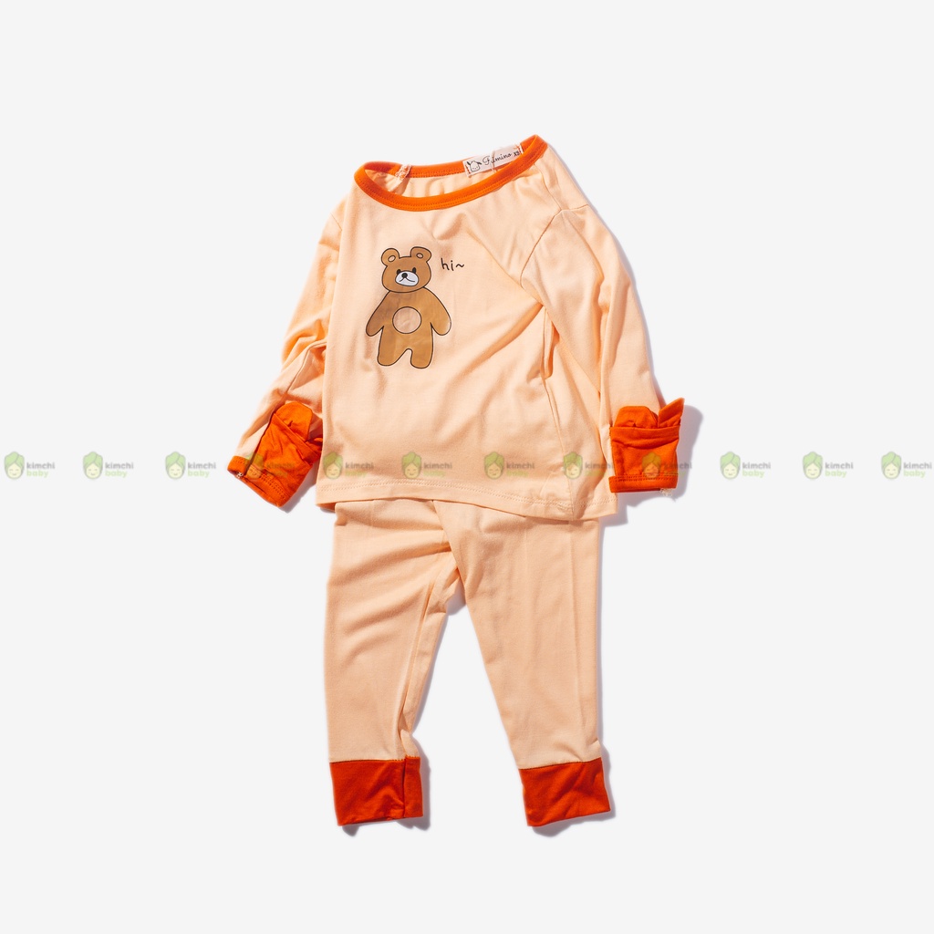 Bộ Dài Tay Bé Gái, Bé Trai KIMCHIBABY Vải Thun Lạnh Hoạ Tiết Gấu Bear Tay Lật, Bộ Quần Áo Trẻ Em Thu Đông KWTD2203