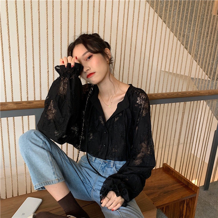 [Spot] Thời trang Hàn Quốc cá tính tất cả phù hợp với áo sơ mi tay áo ren rỗng chạm khắc đèn lồng