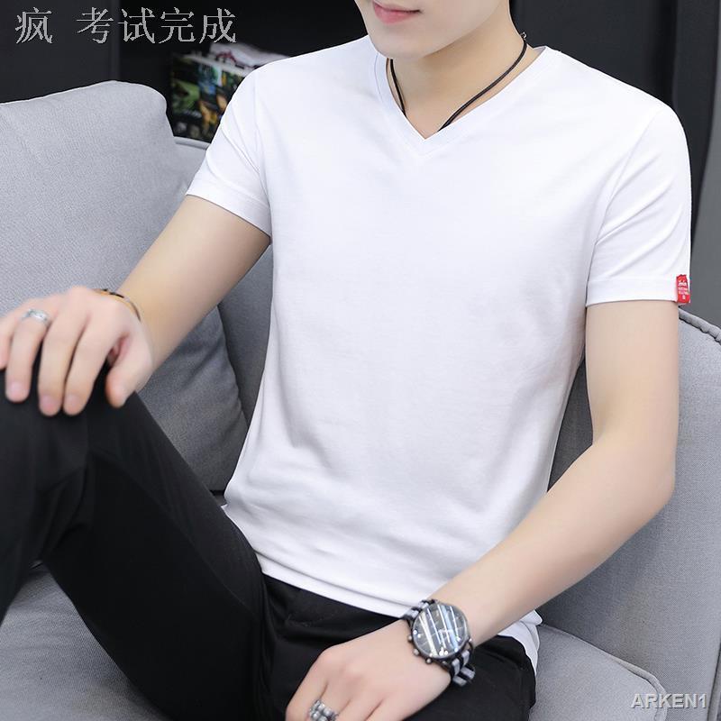 Áo thun nam ngắn tay mùa hè cổ chữ V nửa tay áo thun mùa hè rắn màu băng lụa nam cổ tim quần áo trắng hợp thời trang