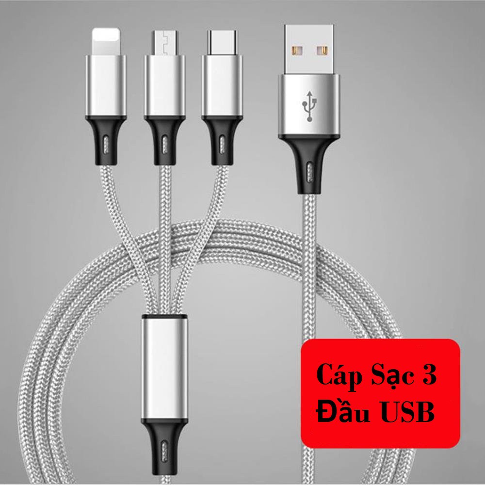 Cáp Sạc 3 Đầu Lõi Đồng Sạc Nhanh, Tương Thích Nhiều Thiết Bị Chân Cắm TypeC, Lingtning, Micro USB,  Dây Bọc Dù Bền Đẹp