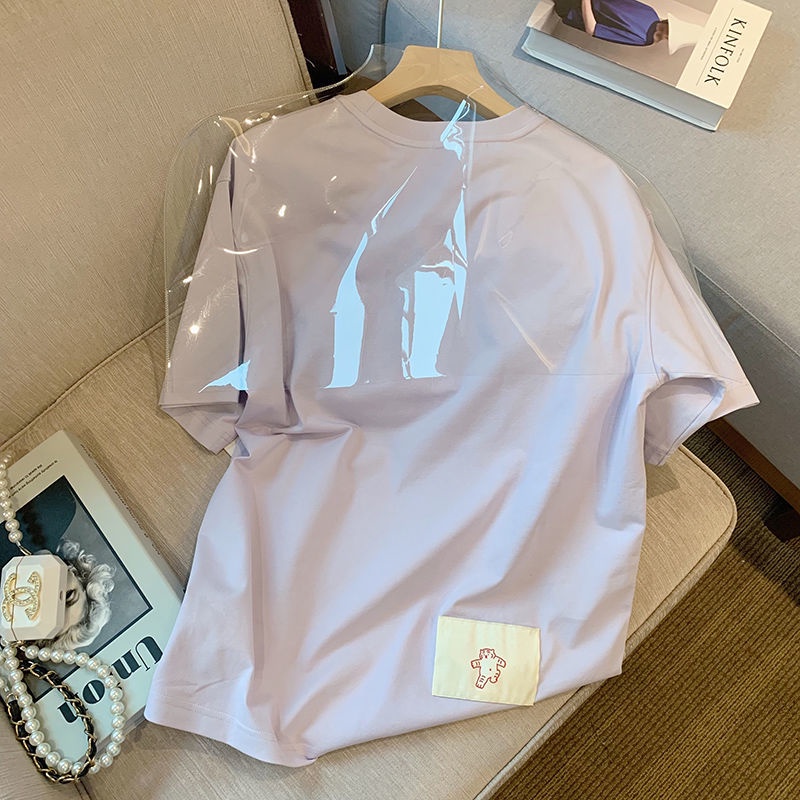 Áo Thun Tay Ngắn Dáng Rộng Chất Liệu Cotton Màu Tím In Họa Tiết Phong Cách Hàn Quốc Thời Trang Mùa Hè Mới Cho Nữ
