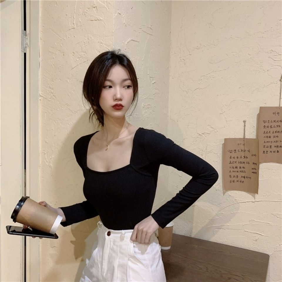 Áo thun COZOK tay dài cổ vuông phong cách Hàn Quốc quyến rũ dành cho nữ