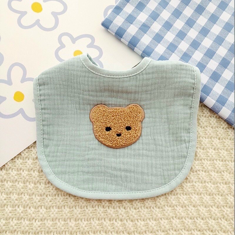 Yếm Xô Muslin Thêu Gấu Len Phong Cách Hàn Cực Xinh Cho Bé Yêu,Khăn Yếm Xô Chữ U Babibu - YXH
