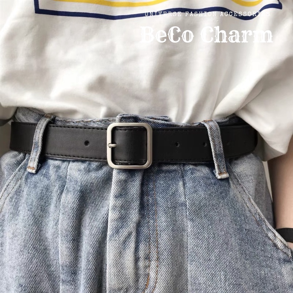 Thắt Lưng Unisex Cao Cấp Bản 3cm Mặt Chữ Vuông Màu Đen Đẹp - Dây Lưng Da PU Mặt Kim Loại Hàn Quốc - CBelt - BeCo Charm