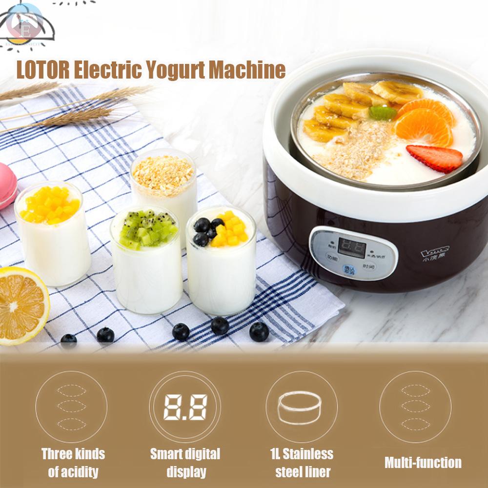 Ê LOTOR Electric Yogurt Maker Mini Automatic Yogurt Machine 1L Stainless Steel Liner Smart Digital Display Household Kitchen Appliance Multi-function for Yogurt/Rice Wine/Natto