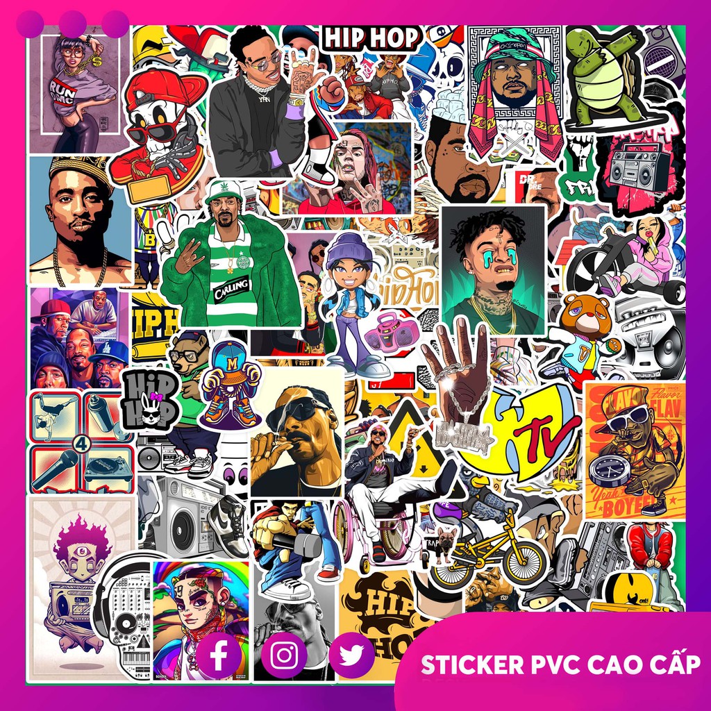 [Xưởng Bán Sỉ ] Set 50 Sticker Dán Nón Bảo Hiểm Chất Liệu PVC 5 Lớp Chống Nước Chủ Đề Hip Hop