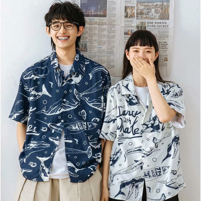 Áo Sơ Mi Tay Ngắn Họa Tiết Cá Voi Cá Tính Thời Trang