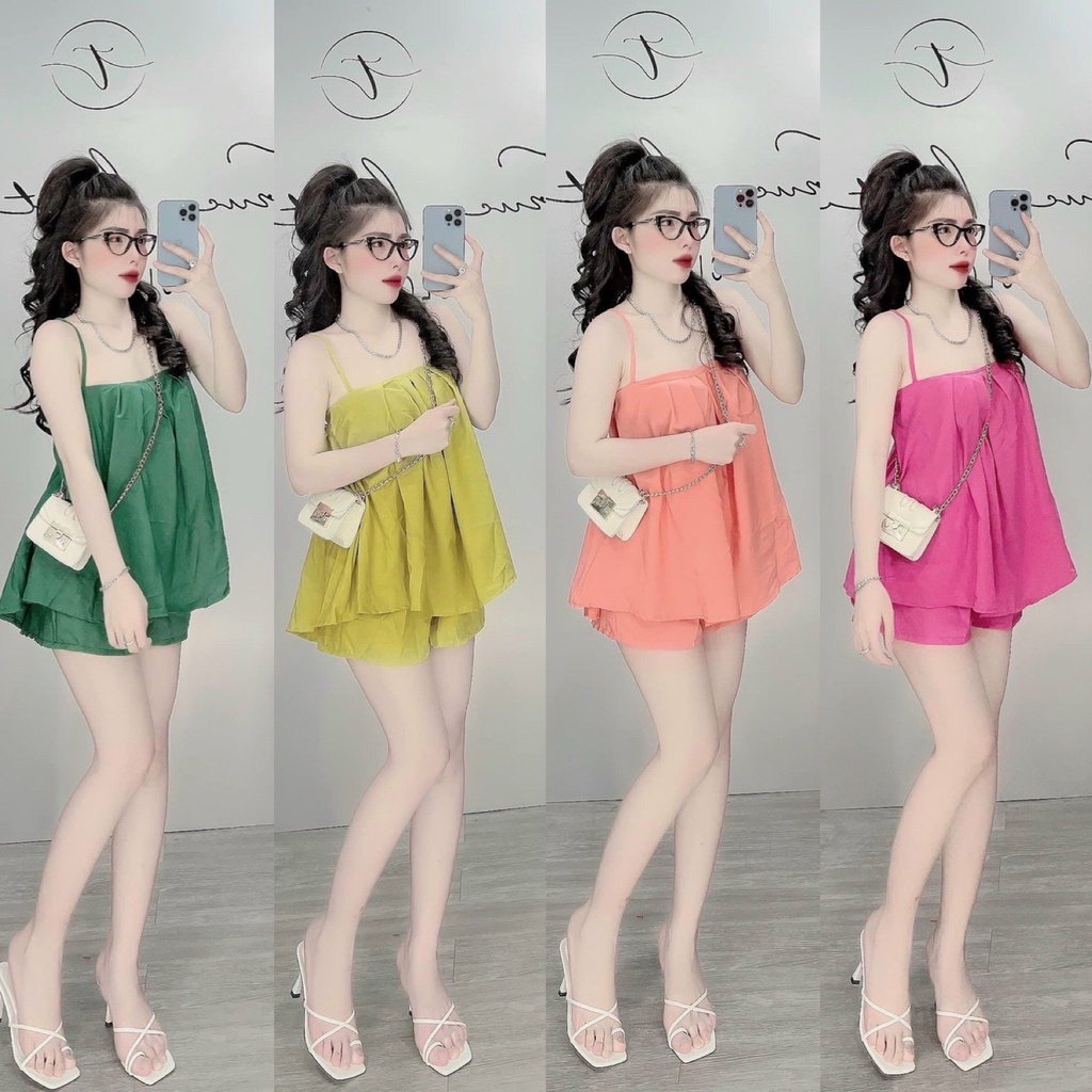 Set bộ đùi hai dây áo Baby doll xinh xắn dịu dàng dạo phố, mặc ở nhà