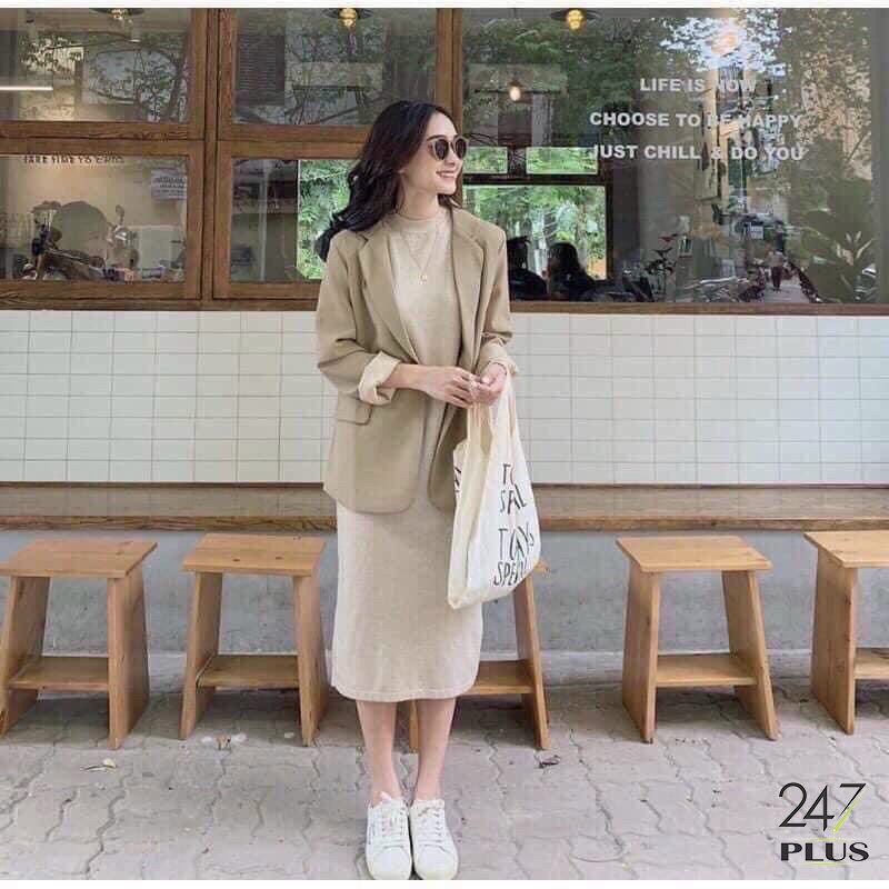 Áo Khoác Cổ Vest 2 Lớp Form rộng Freesize Hai Màu Đen Và Be