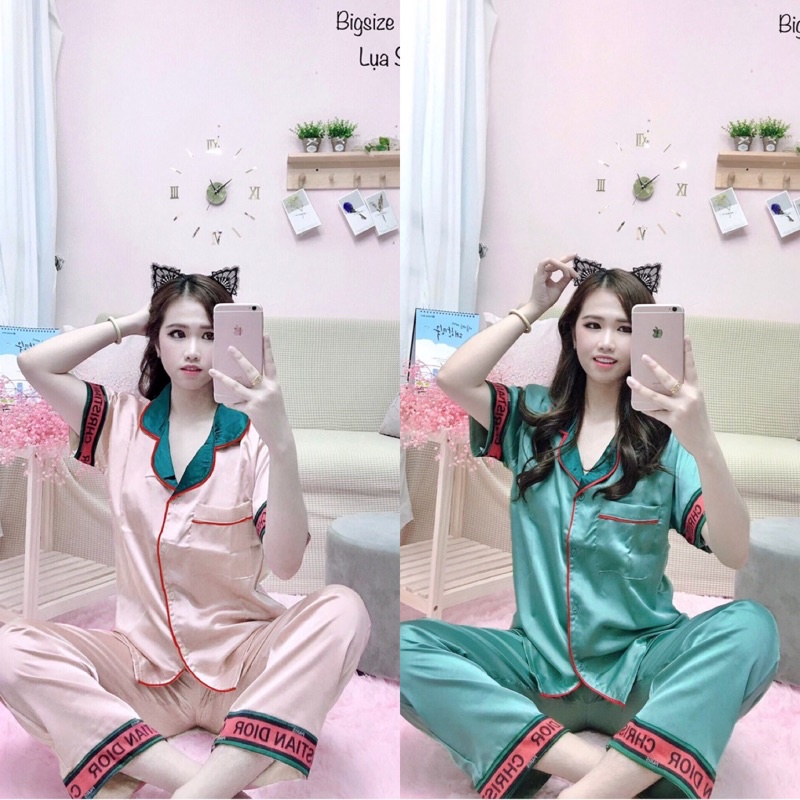 Bộ lụa satin phối hoạ tiết BIGSIZE