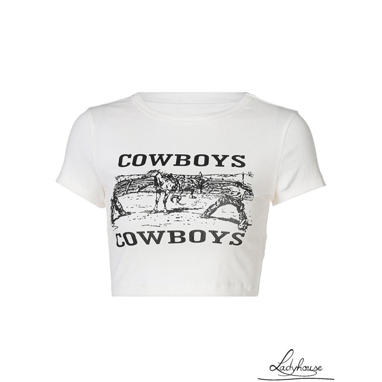 Áo Thun Ngắn Tay Kiểu Cao Bồi Hở Rốn In Chữ Thời Trang Cho Nữ