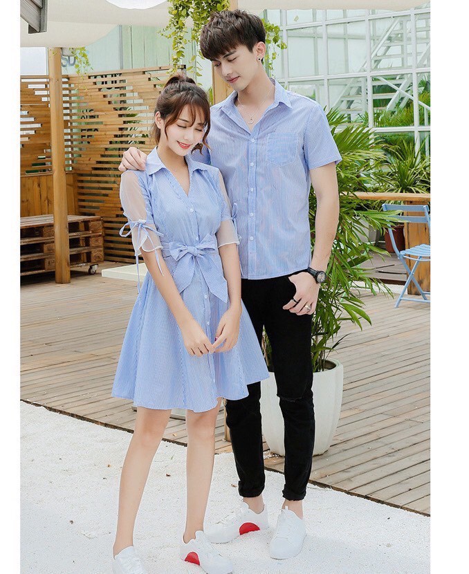 Set đồ đôi áo đôi áo cặp áo tình nhân gồm áo sơ mi và váy nữ chất vải kate thoáng mát hiện đại, set đồ couple CP021