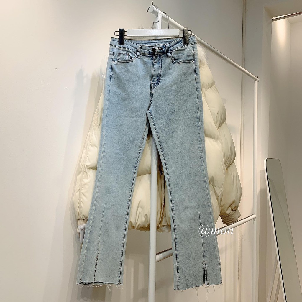 2101446 Quần jeans nữ ulzzang - quần loe nhẹ có giãn chất jeans mềm màu xanh nhạt có size