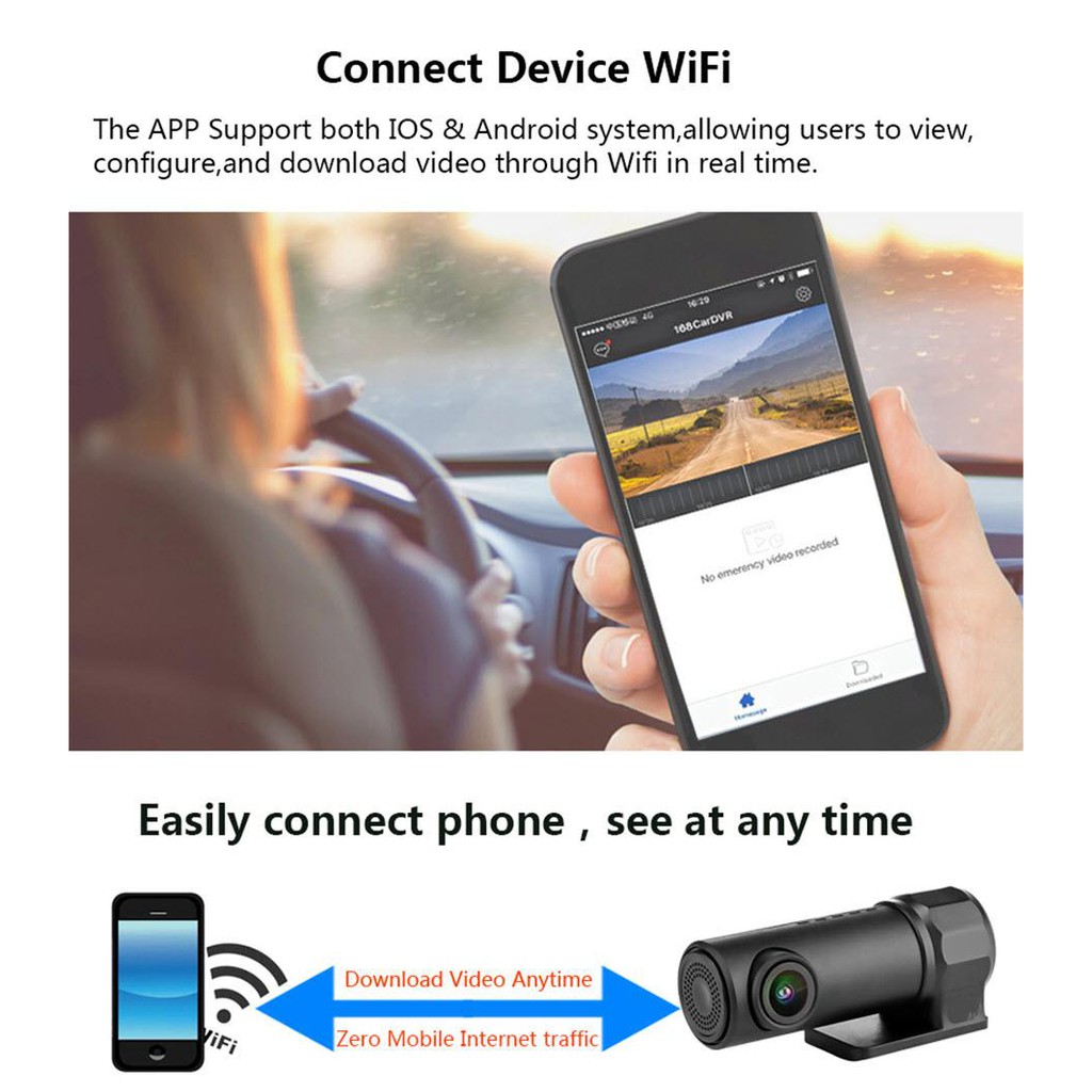 Camera hành trình cho ô tô FC106T có wifi điều khiển trên điện thoại IOS/Android xoay 360 độ, tự động ghi đè, góc rộng