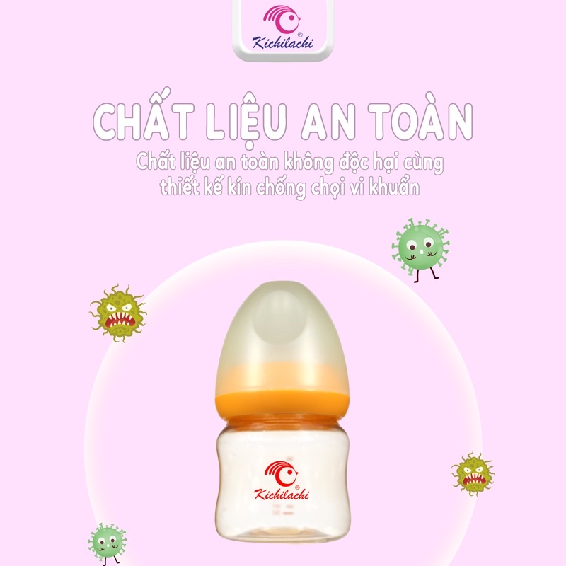 Bình sữa sơ sinh cổ rộng PPSU Kichilachi 90ml núm ti siêu mềm chống sặc và đầy hơi cho bé