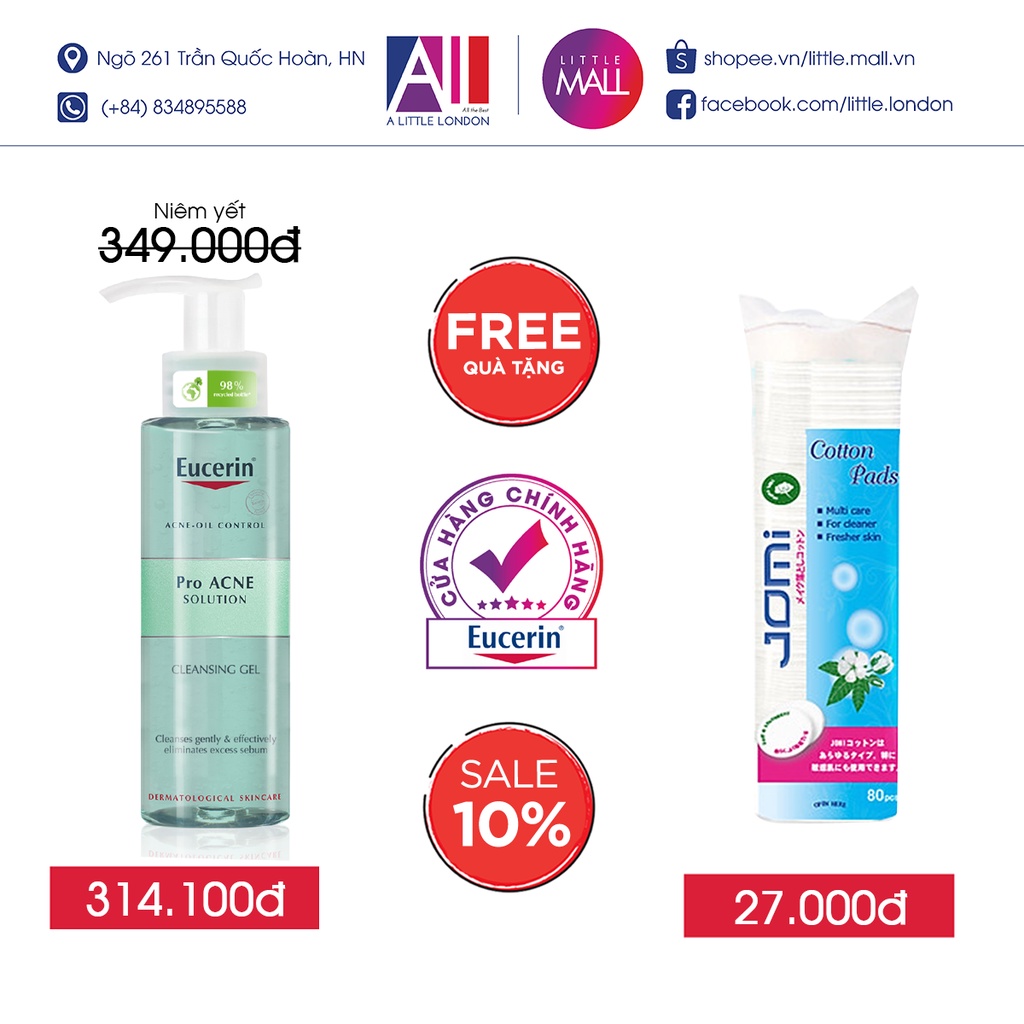 Gel rửa mặt giảm mụn loại bỏ nhờn Eucerin proacne cleansing gel TẶNG mặt nạ Sexylook