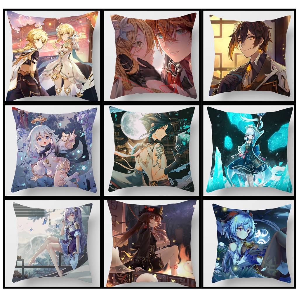 Gối ôm vuông tựa lưng Genshin Impact 45x45cm Zhongli Hutao Xiao Ayaka Paimon Keqing Ganyu Nhà lữ hành