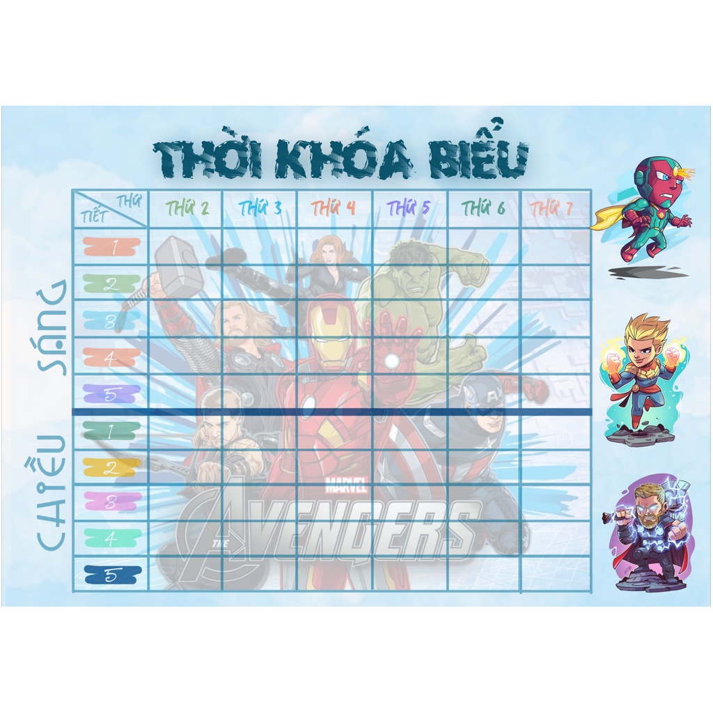 Set 2 thời khóa biểu - timetable Avenger - siêu anh hùng Marvel giấy decan dễ thương kích thước A5