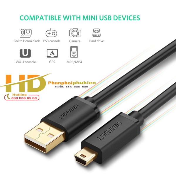 Cáp USB 2.0 to USB Mini 1,5m Ugreen UG-10385 mạ vàng Chính hãng