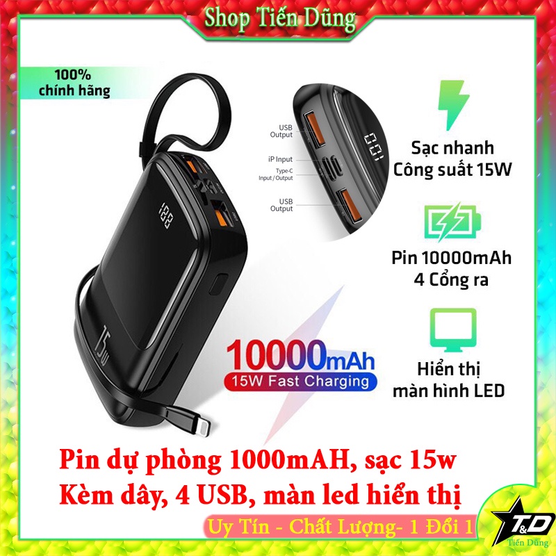 Sạc Dự Phòng Tích Hợp Cáp Sạc Baseus Q Pow DiGital Display Dung lượng 10000mAh 3A 15w Có Màn Hình Led Hiển Thị Pin