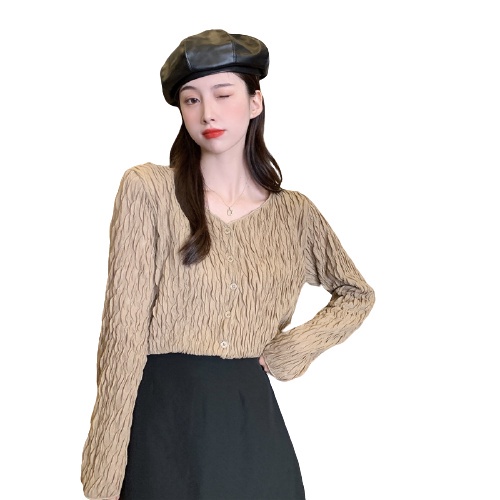 QKOOLE  Áo nữ tay dài cổ chữ V phong cách Hàn Quốc