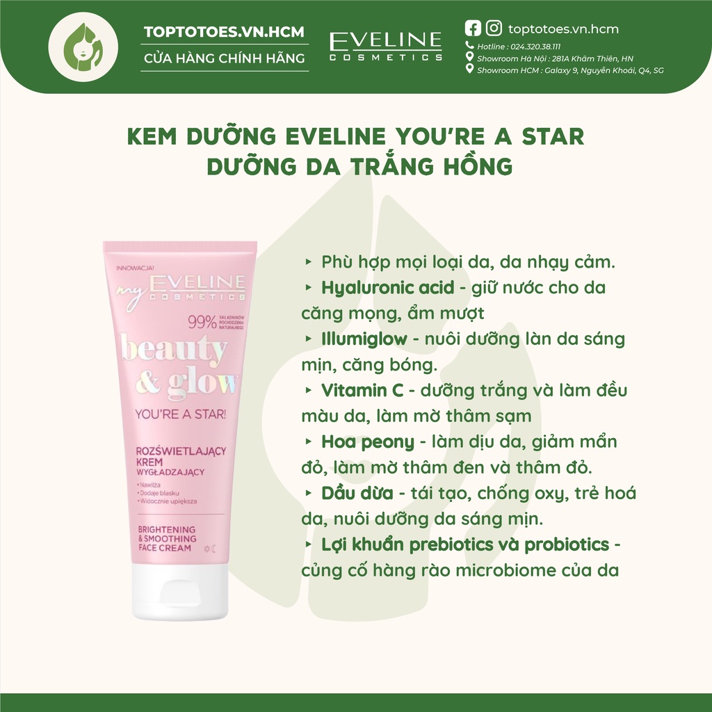 Kem dưỡng Eveline You’re a star Beauty &amp; Glow dưỡng da trắng mịn, căng bóng, sáng hồng