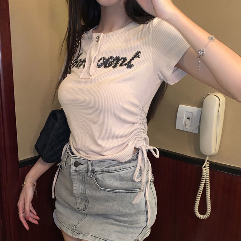 AMOI Áo Thun Tay Ngắn Phối Dây Rút Họa Tiết Sọc Caro Thời Trang Cho Nữ