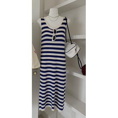 Đầm Dài Không Tay Họa Tiết Sọc Thời Trang Phong Cách Hàn Quốc Cho Nữ