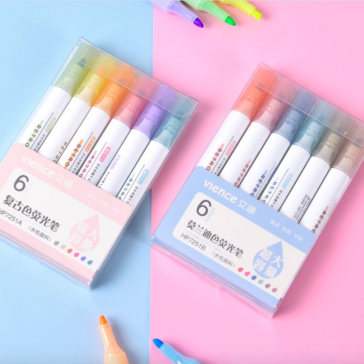 Bộ Bút Màu Dạ Quang Highlight Pastel Đánh Ghi Chú Tiện Lợi Set 6 Màu Hộp Cứng