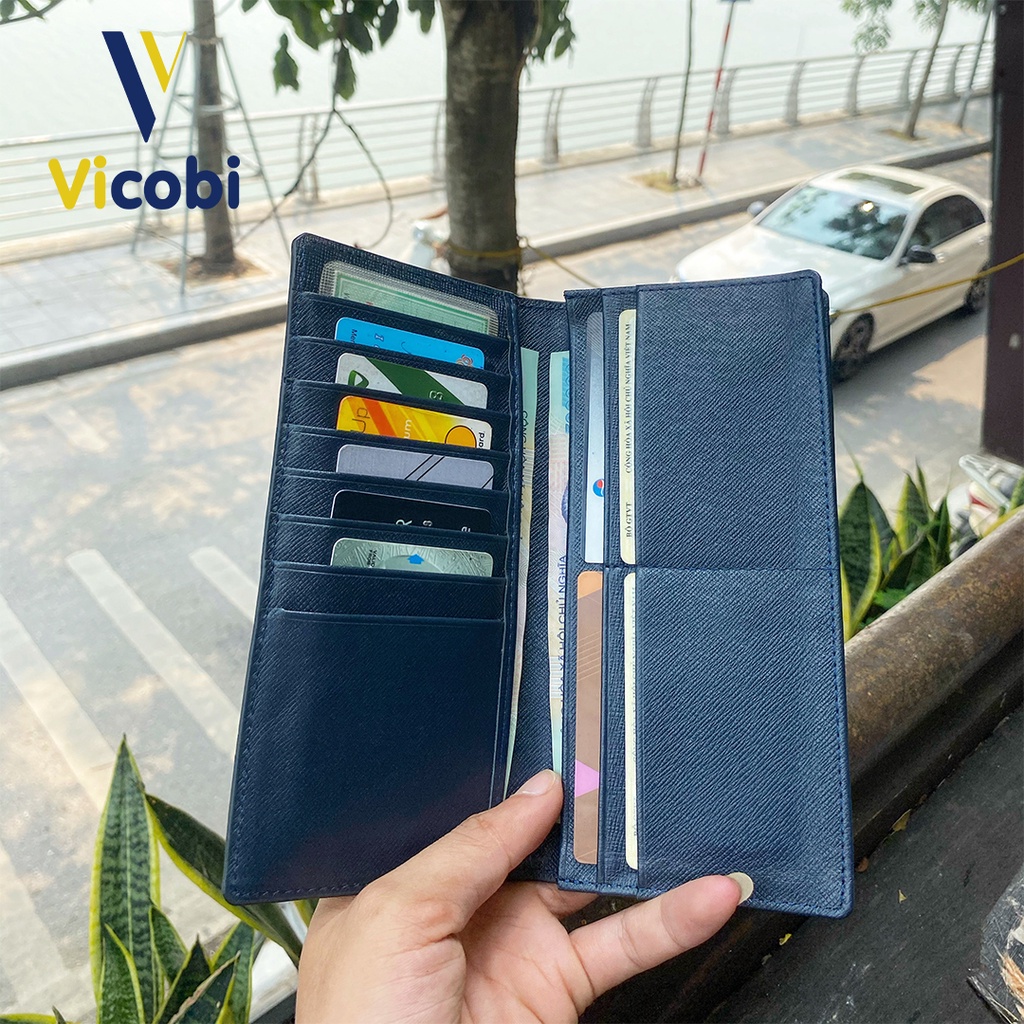 Bóp ví dài nam da bò xanh dương Vicobi, đựng thẻ card ATM, CMND, GPLX cà vẹt bằng lái xe mới và cũ gia công tại Việt Nam