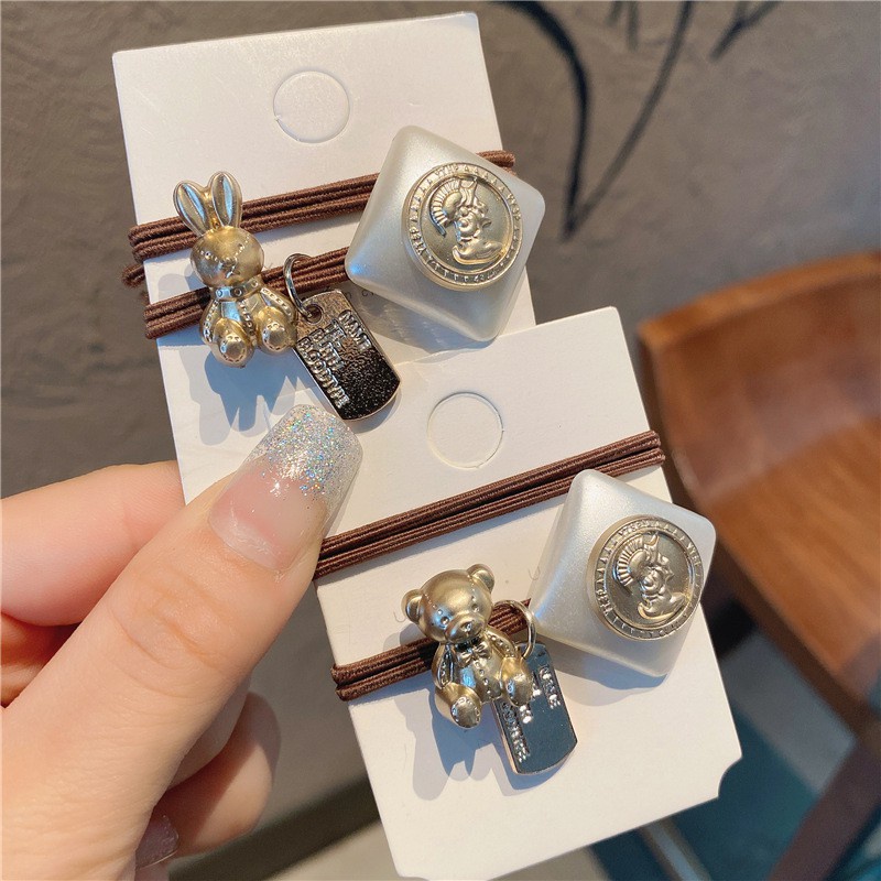 ✨✨Dây buộc tóc đính gấu / thỏ và thẻ mặt vuông phong cách retro Âu Mỹ thời trang cho nữ