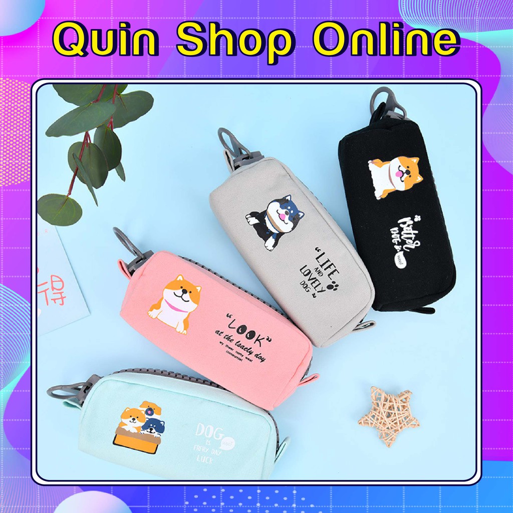 Hộp Bút Vải Khóa Zip Nhựa To Hình Chó Shiba Cỡ Lớn, Bóp Viết Canvas Đựng Được Nhiều Bút, Viết, Máy Tính