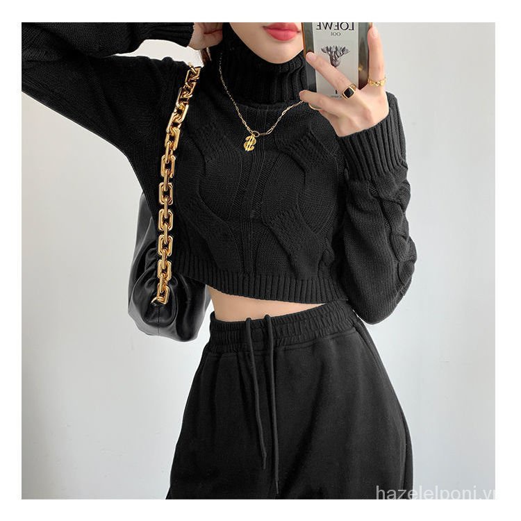 Áo len croptop tay dài cổ cao dáng rộng thời trang mùa thu mới cho nữ