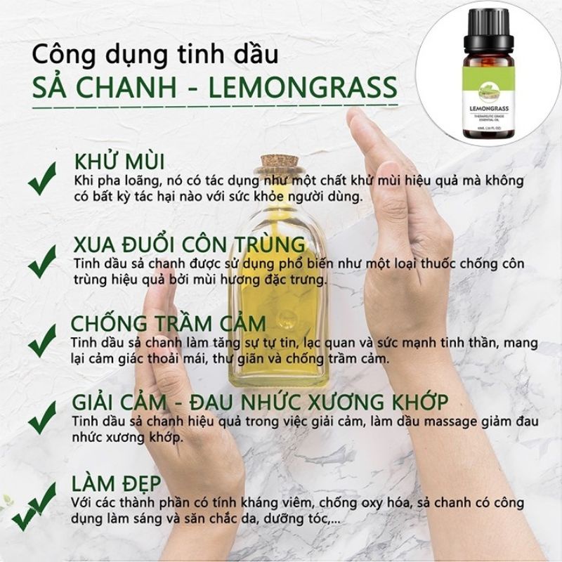 Tinh dầu Sả Chanh Lemongrass 10ML 100% từ thiên nhiên, giúp đuổi muỗi, côn trùng, xông phòng , thơm phòng