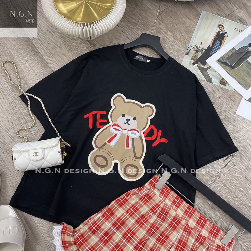 Bộ gấu teddy quần kẻ đỏ