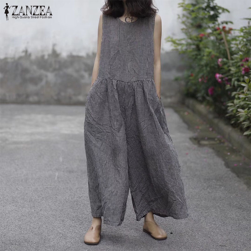 ZANZEA Jumpsuit Ống Rộng Không Tay Họa Tiết Ca Rô Thời Trang Dành Cho Nữ