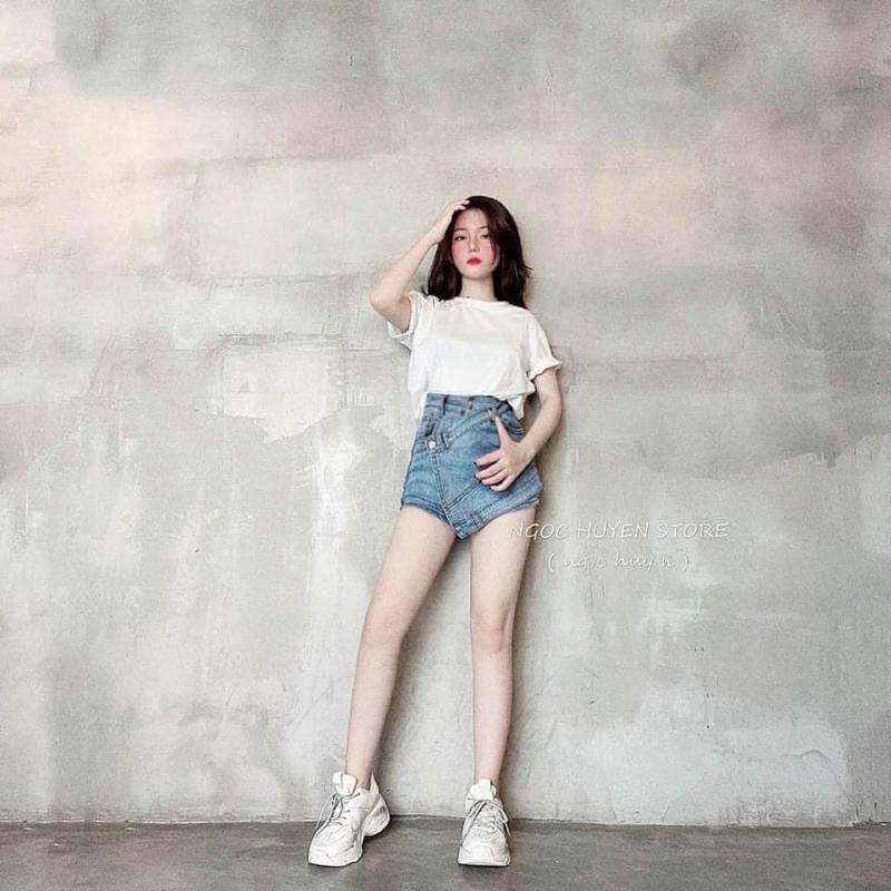 Quần short bò giả váy vạt lệch