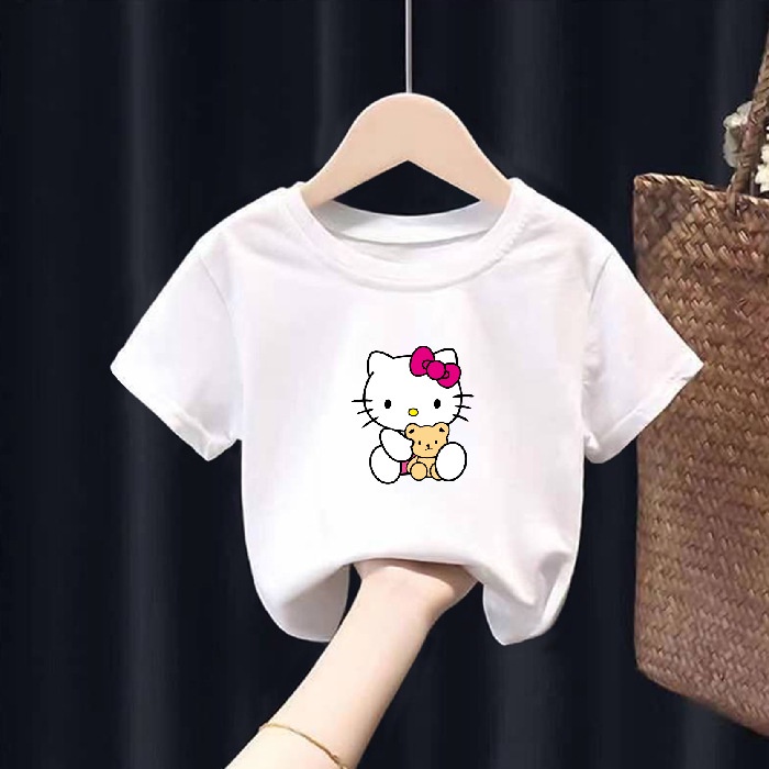 Áo cộc tay bé gái, áo thun có tay bé gái cotton Kitty ôm gấu 8-20 kg