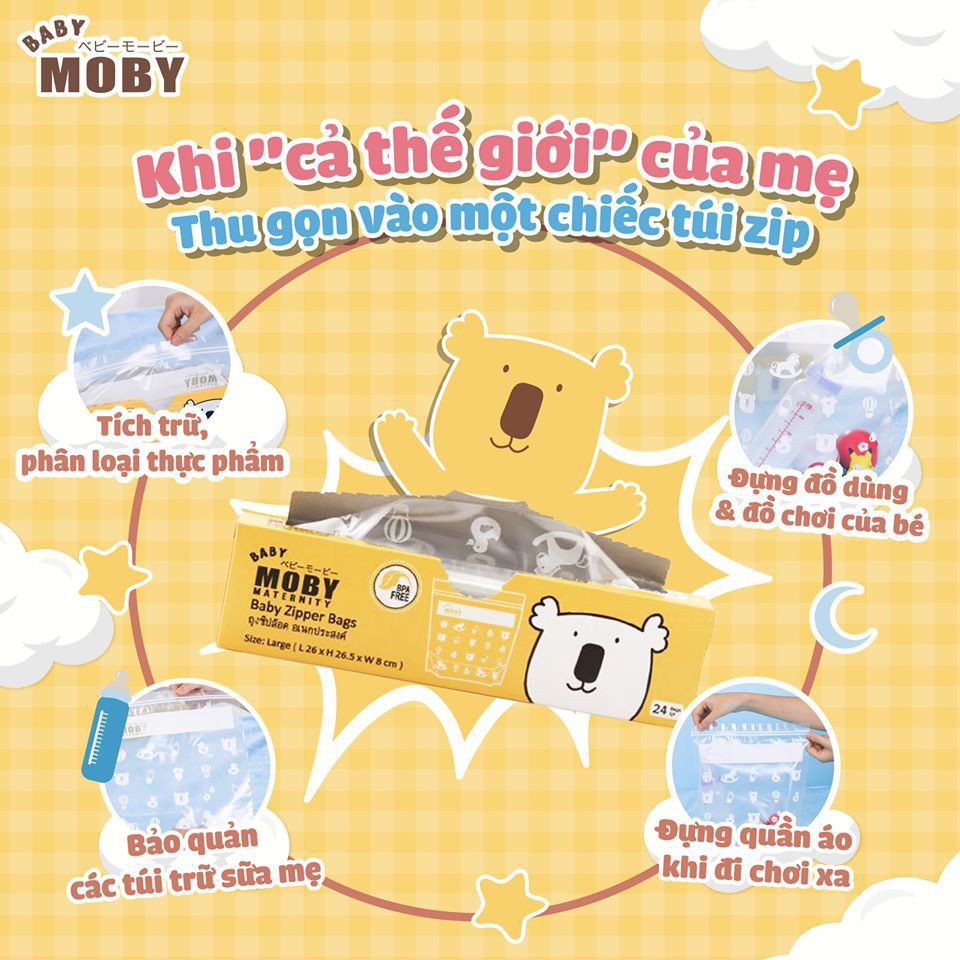 Túi zip đa năng trong suốt cho mẹ Moby Baby đựng đồ bỉm sữa 24 túi 26x26,5x8cm - Monnie Kids